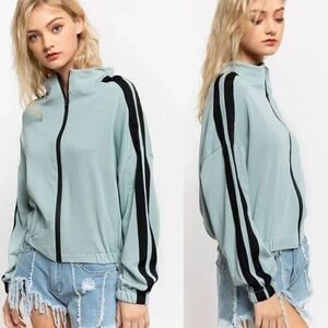 NWT POL Double Stripe Tape Baggy Sleeve Funnel Neck Zip-Up Parachute Bomber SZ L
